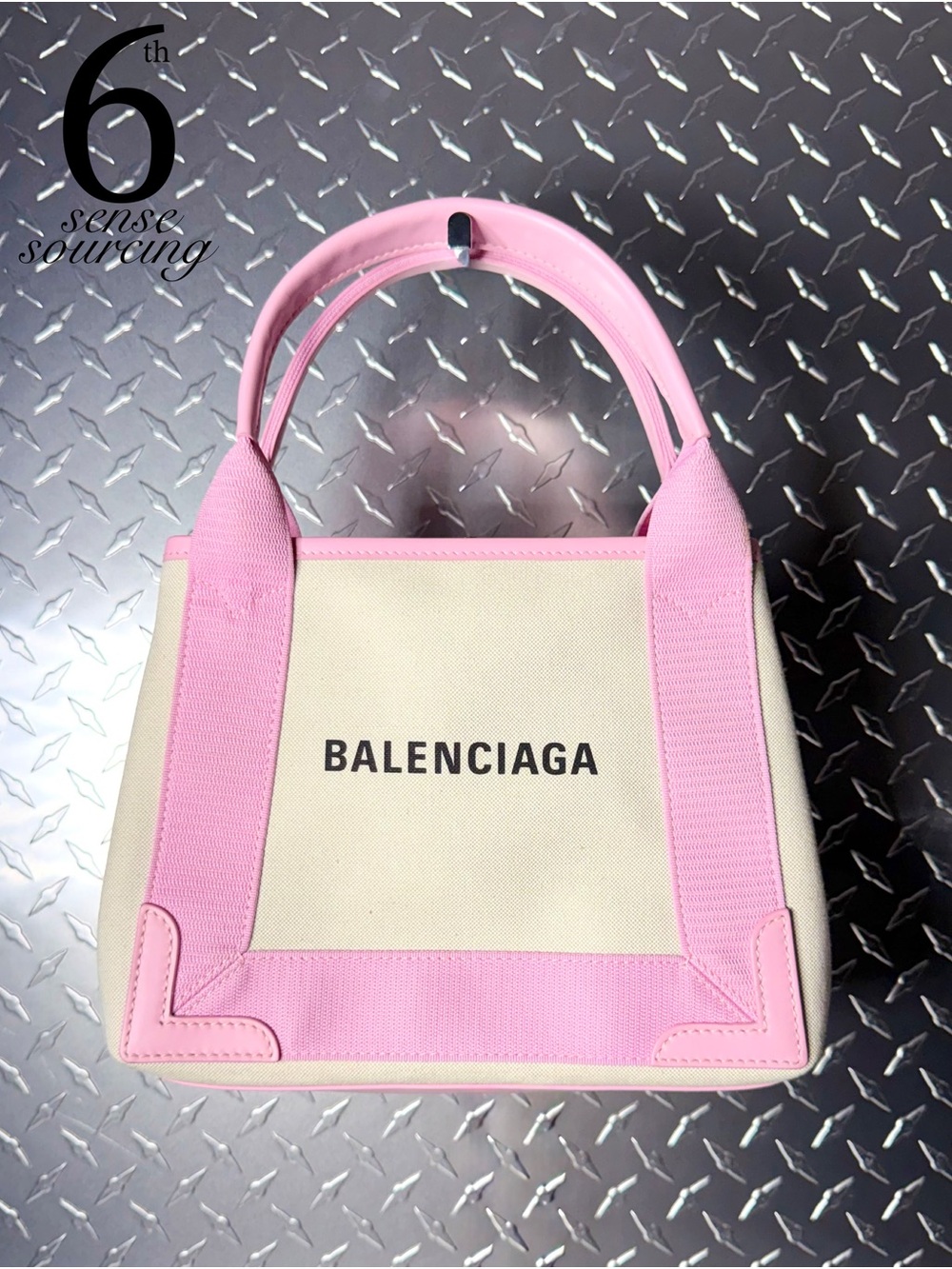 Balenciaga Navy Cabas XS Logo Canvas Tote in Pink